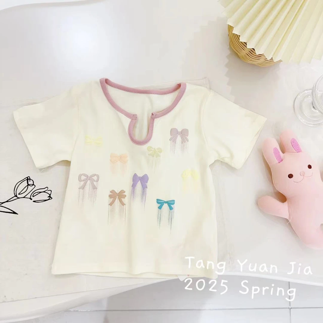 汤圆家童装2025夏季新款韩系多巴胺蝴蝶结趣味印花T恤 YA-1211