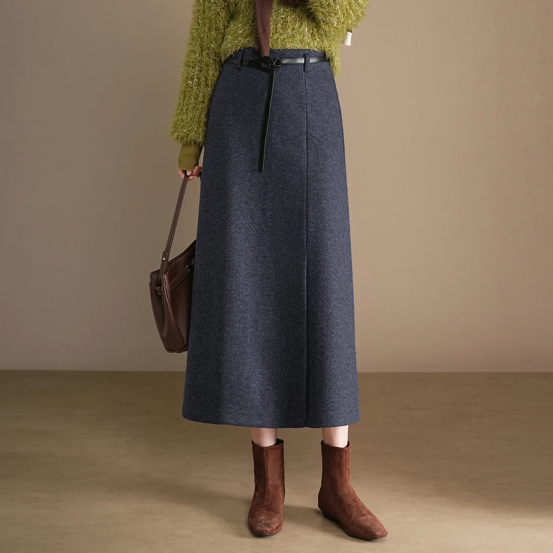 拉夏贝尔磨毛呢半身裙女2025秋冬新款开叉中长款包臀直筒a字裙子