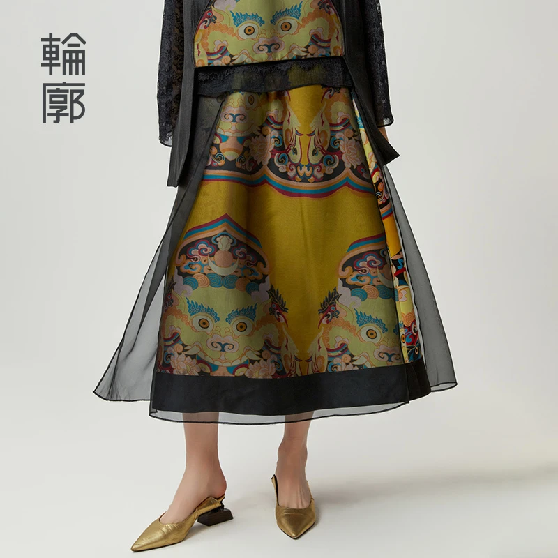 轮廓赤华提花半身裙复古时尚新中式国风不对称重工欧根纱L243Q006