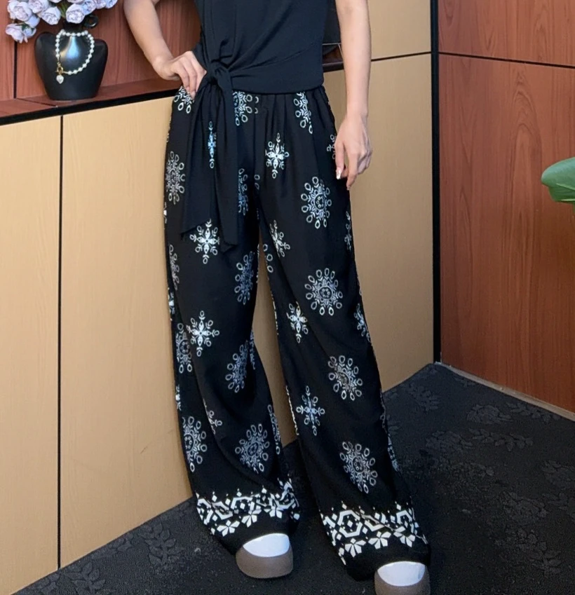 长裤阔腿裤印花高腰夏季时尚薄款裤子