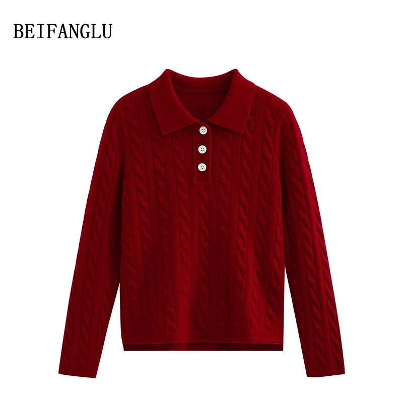 北方鹿 氛围新年红 绵羊毛气质绞花POLO领长袖套头针织羊毛衫6170