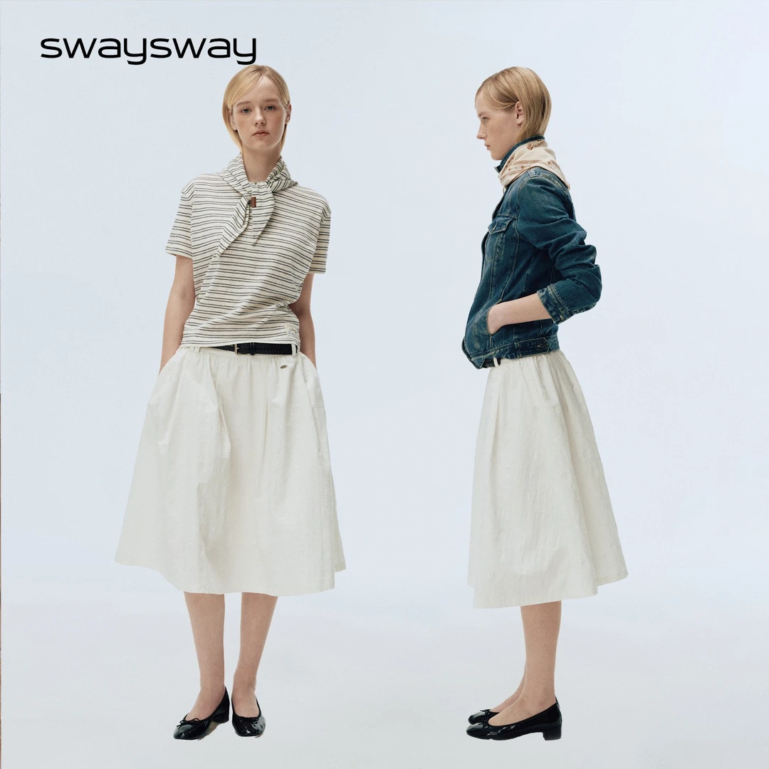 swaysway"悠长假期"低腰肌理感抽褶A字格纹伞裙宽松中长款半身裙