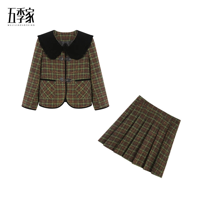 周周-五季家减龄娃娃领秋冬短款格纹外套显瘦短裙两件套ZL41074