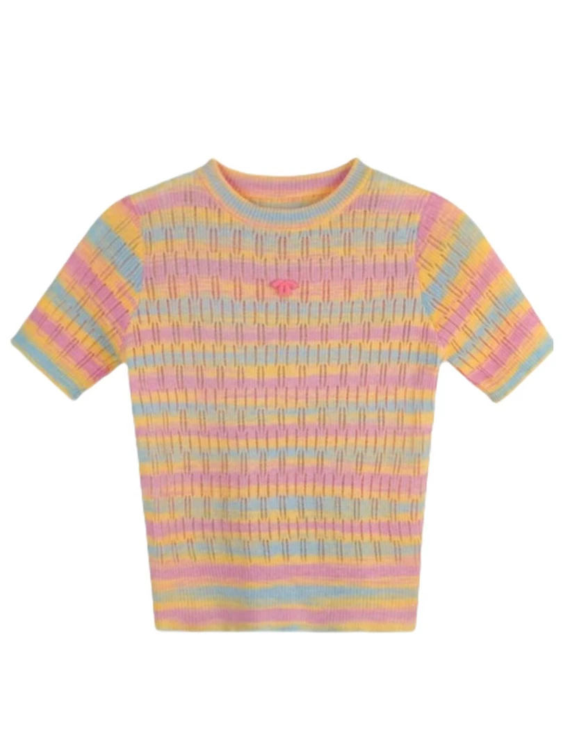 【s032】香家时尚彩色绣花针织圆领T恤