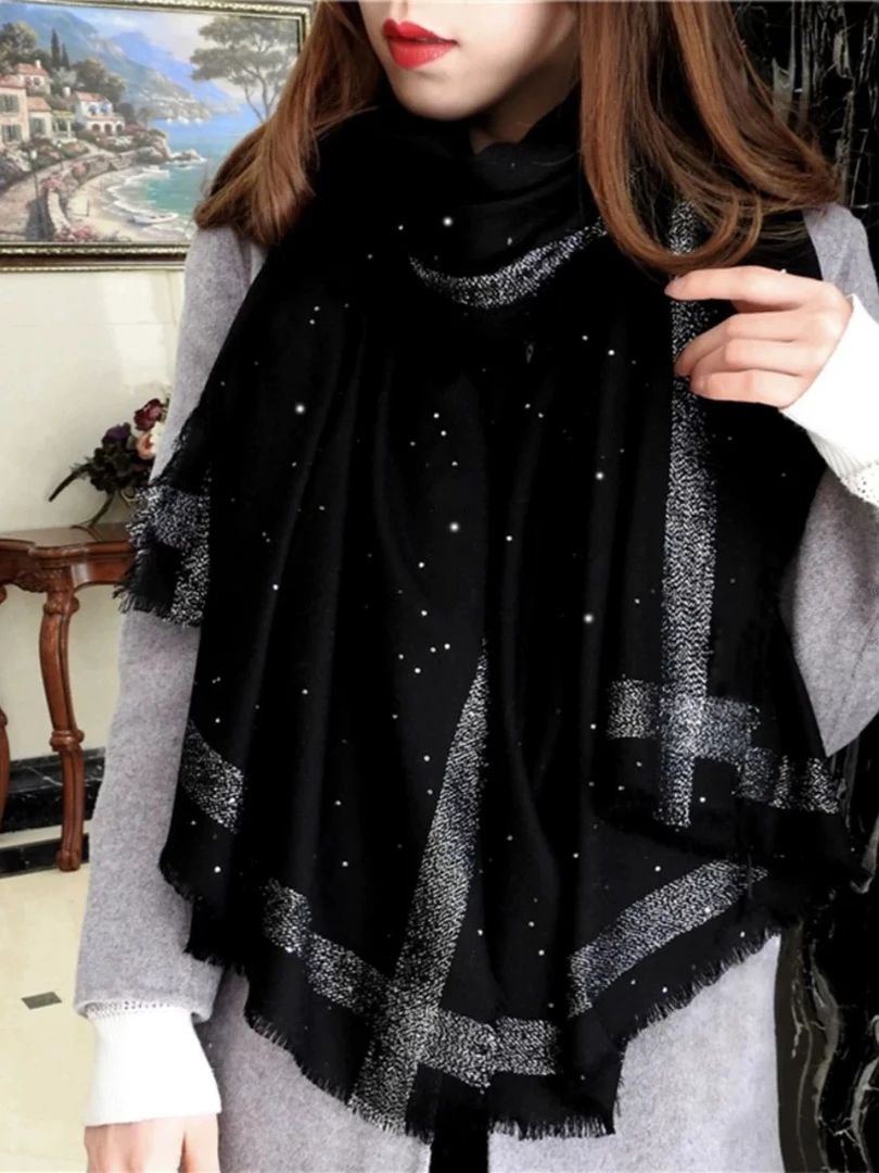 网红薄款羊毛围巾精纺珠片纱加银丝围巾披肩四季可用女士旅游头巾