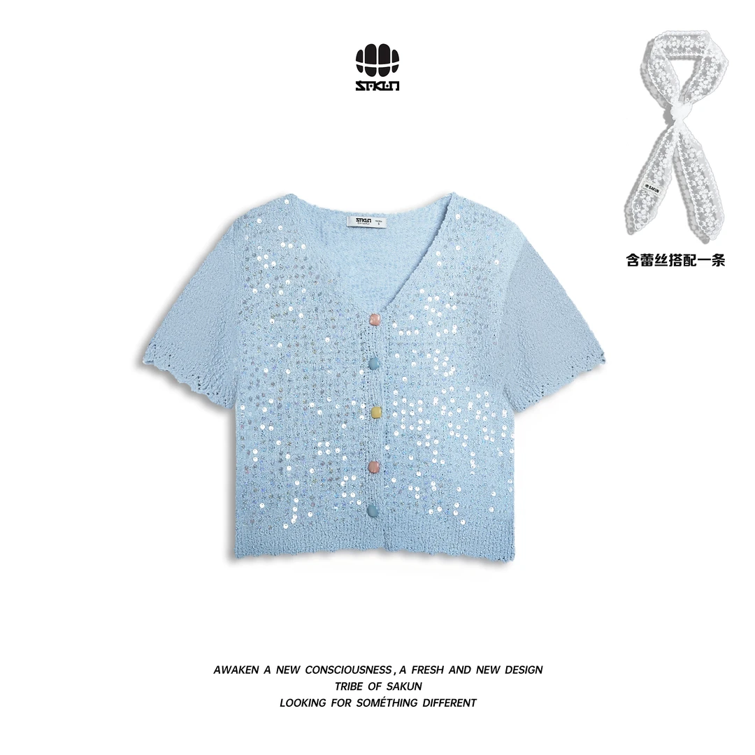 SAKUN甜美风珠片细闪V领彩扣开衫针织短袖安排蕾丝带3161-1325731
