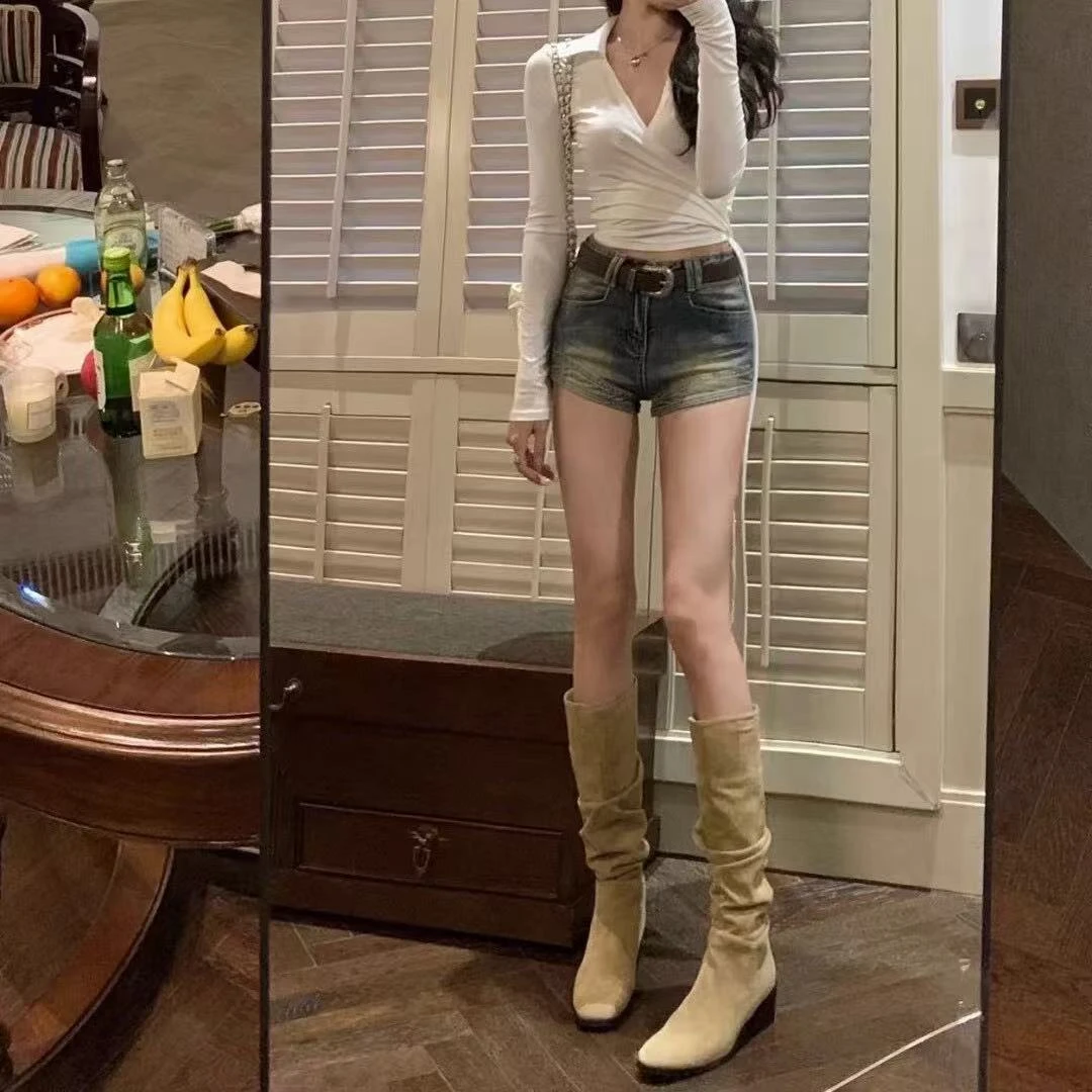 内增高堆堆长筒骑士靴子女2025新款春秋法式绒面女细跟高跟长筒靴