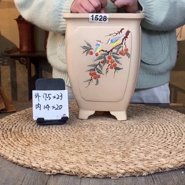 紫砂花盆 特惠白玉段奎面彩绘荔枝四方签筒1528