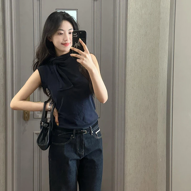 韩系时尚休闲设计感飘带背心女2025夏季新款修身显瘦百搭无袖上衣