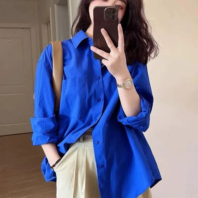 2025春秋新款克莱因蓝衬衫女长袖休闲宽松叠穿高级感衬衣上衣