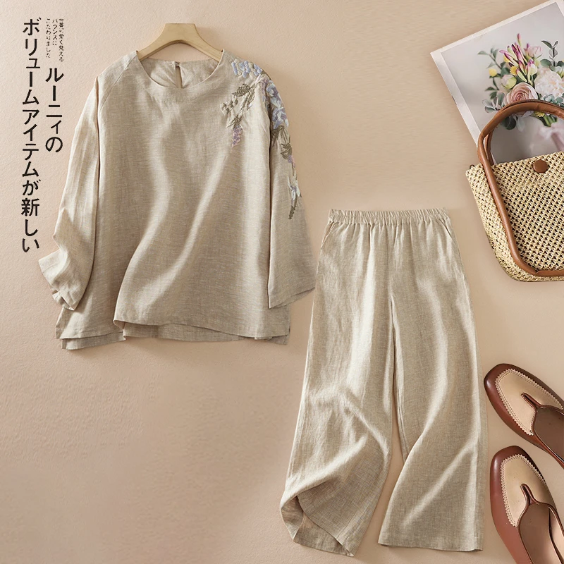 2025春夏时尚新款复古洋气宽松麻T恤手工绣花套头衫色织麻阔腿裤