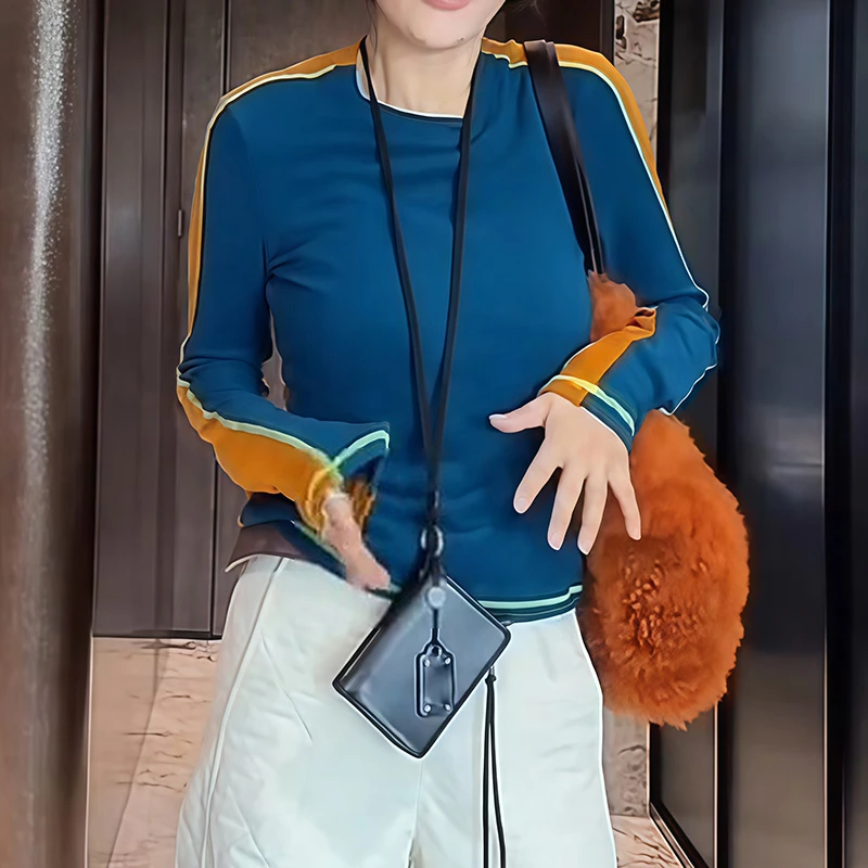 秋冬洋气百搭减龄气质T恤时尚精致显瘦长袖上衣纯色圆领收腰女装