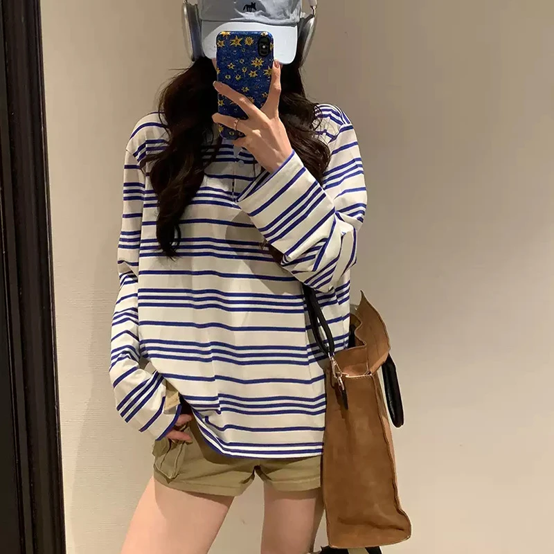纯欲慵懒风女装2025新款早秋蓝色条纹百搭polo领长袖T恤设计上衣