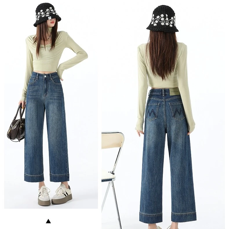 2025秋季新款复古弹力高腰刺绣九分牛仔裤女显瘦小个子直筒九分裤