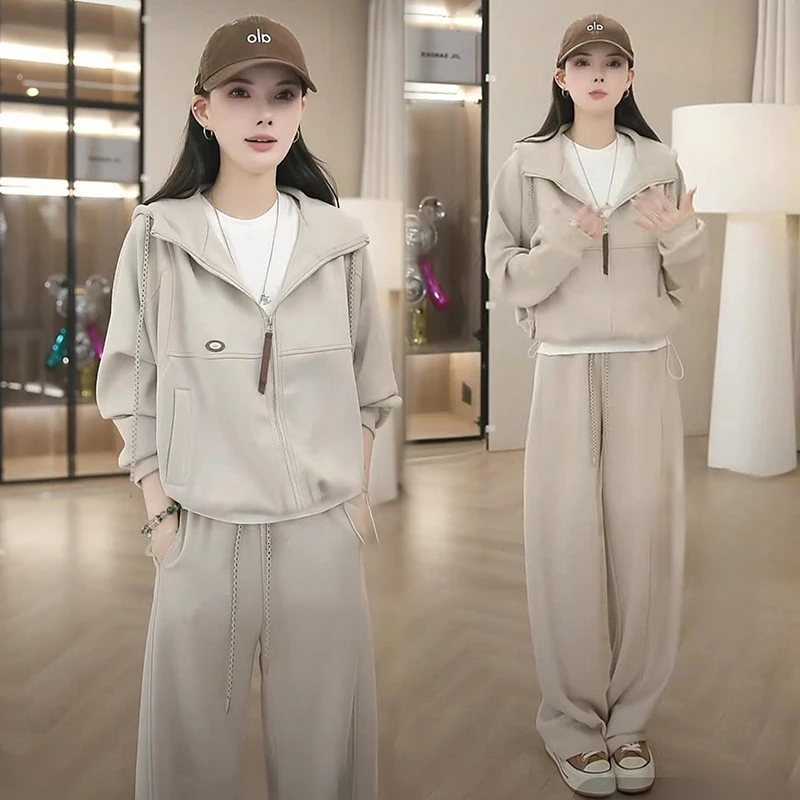 拉夏贝尔时尚休闲运动套装女2025秋季连帽卫衣外套阔腿裤两件装潮