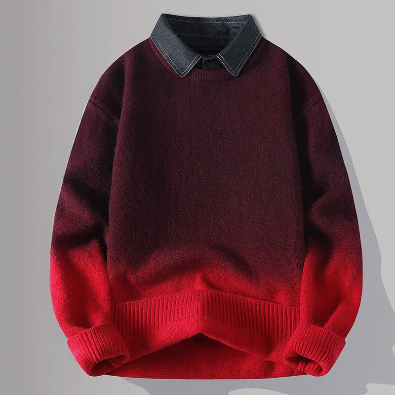 高级感假两件针织衫男2024新款渐变衬衫领毛衣男冬天保暖内搭线衣