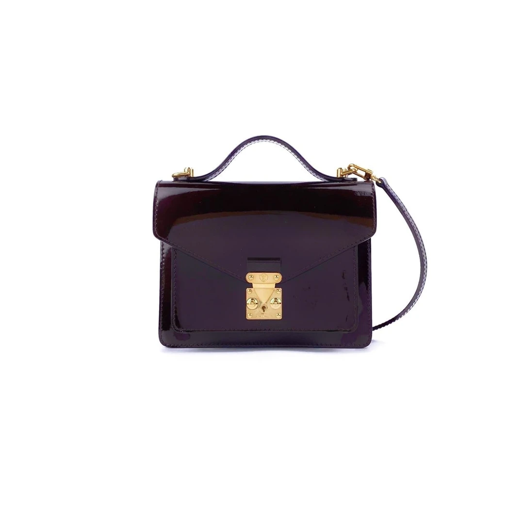 95新 LouisVuitton/路易威登 车厘子色漆皮金扣邮差包手提单肩包