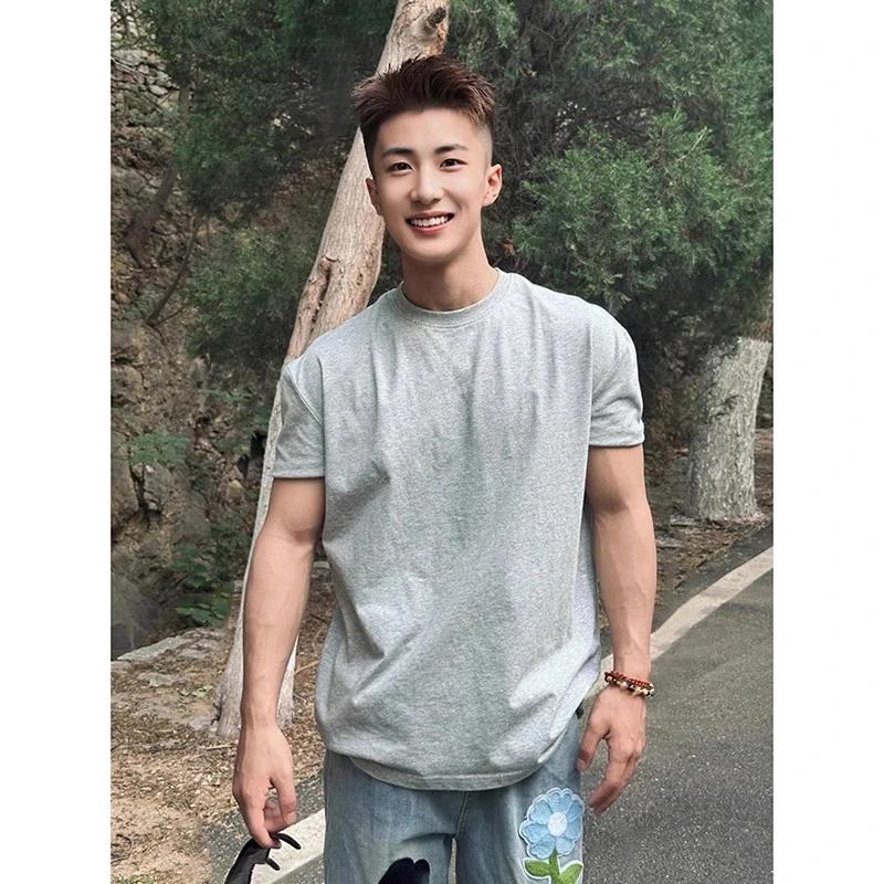 灰色美式正肩收袖口t恤男夏季重磅新疆棉短袖小领口健身运动半袖