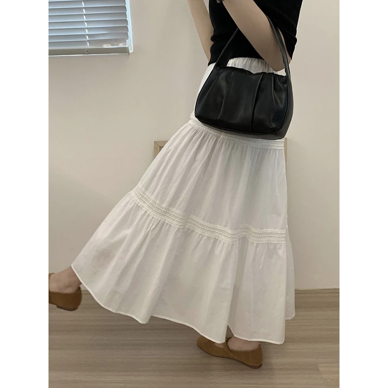 法式复古温柔风蕾丝拼接白色半身裙女春夏季韩版森系蛋糕裙长裙子