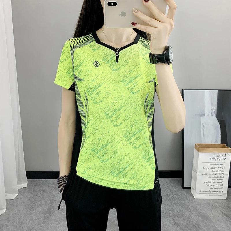 拼接撞色速干T恤女夏季轻薄透气比赛训练球衣户外运动弹力V领上衣