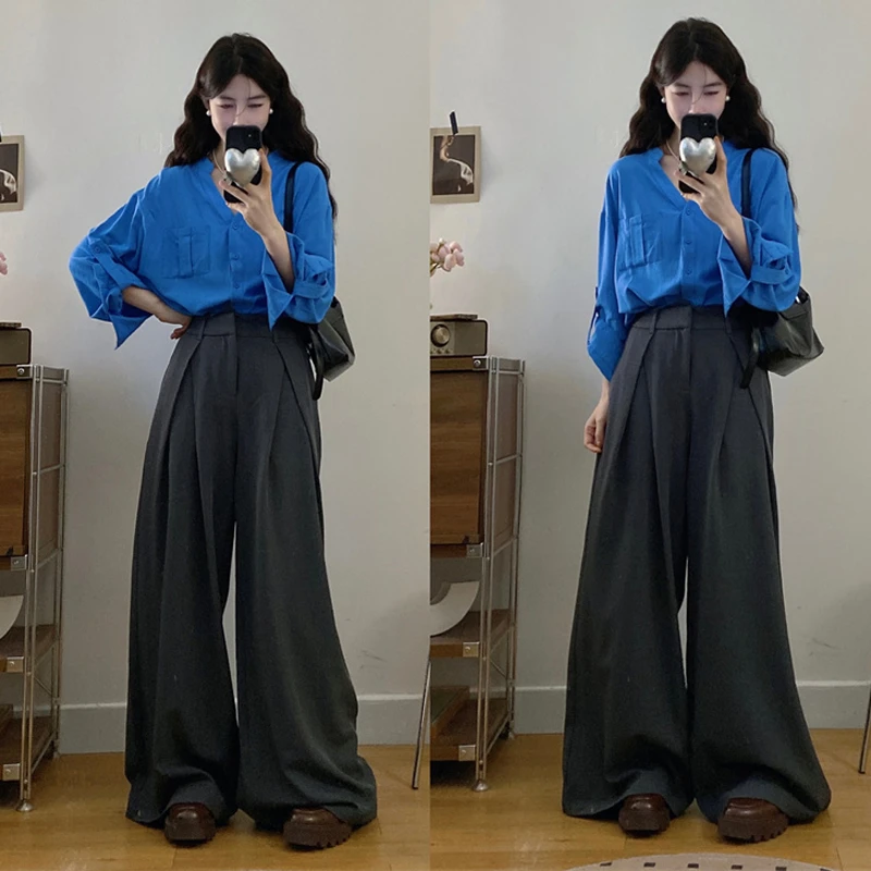 大码胖mm设计感法式气质宽松衬衫+休闲阔腿裤两件套装女