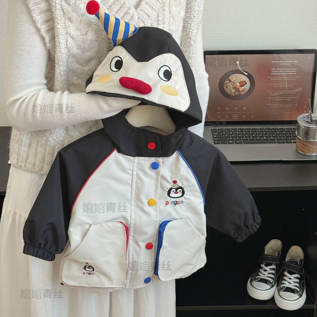 儿童春秋冬季加绒加棉企鹅冲锋衣棉衣外套上衣防风防水防尘刺绣