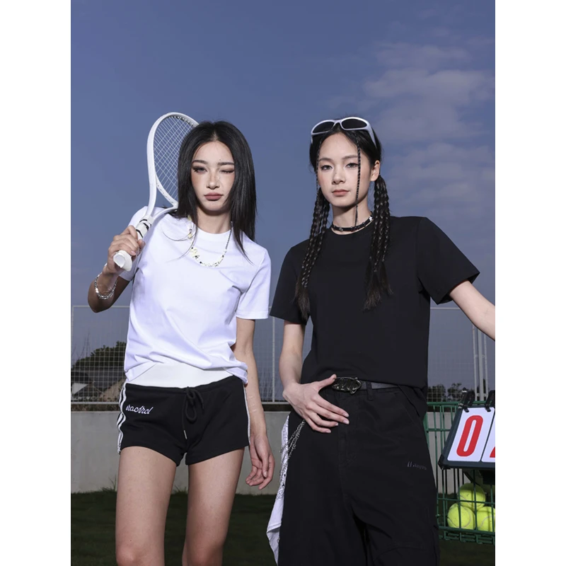 MANYSTON 美式黑色清纯系掐腰上衣夏季内搭短袖打底衫白色短款t恤