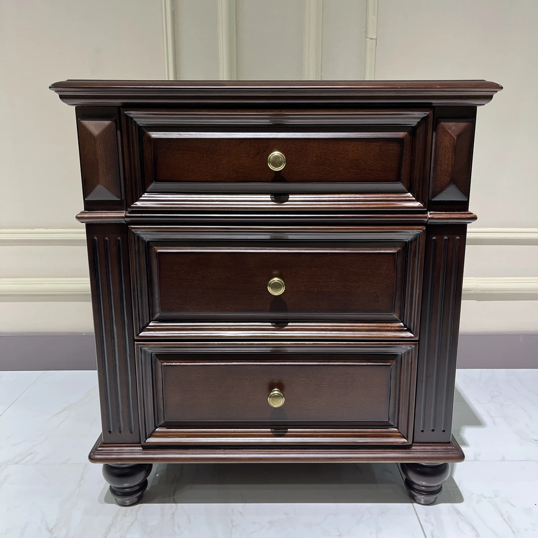 【简语家具】美式纯原木床头柜三抽储物古典主卧百搭经典款全原木