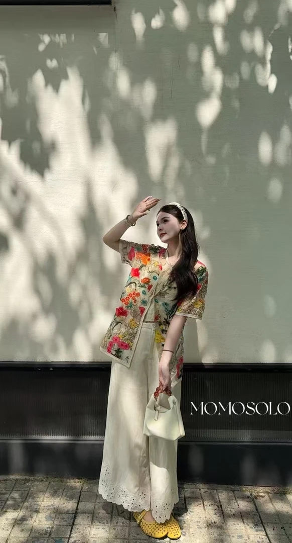 MOMOSOLO亚麻斜襟提花中长款薄款上衣宽松复古时尚夏民族风561
