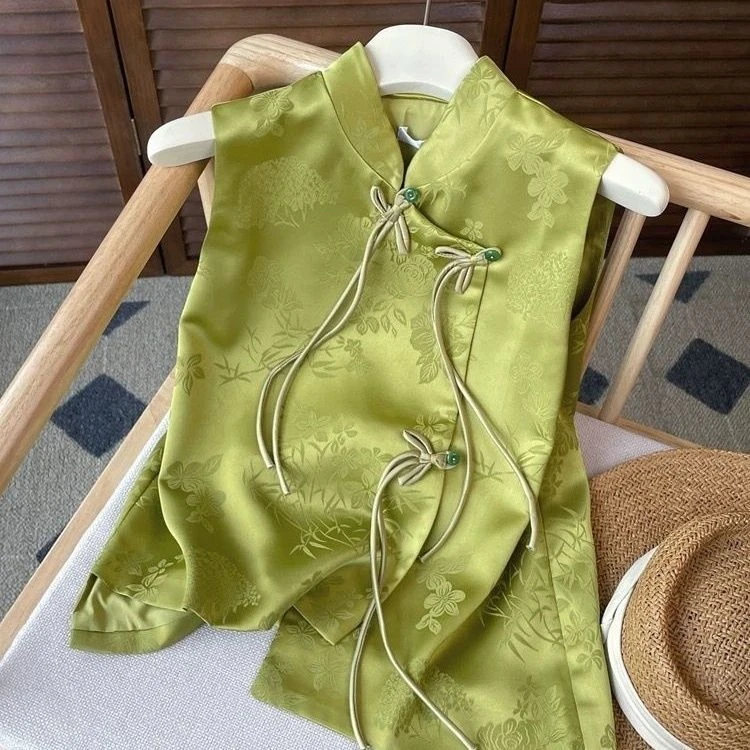 6018新中式国风无袖上衣国潮爆款设计感提花富婆马甲上衣缎面 JJ