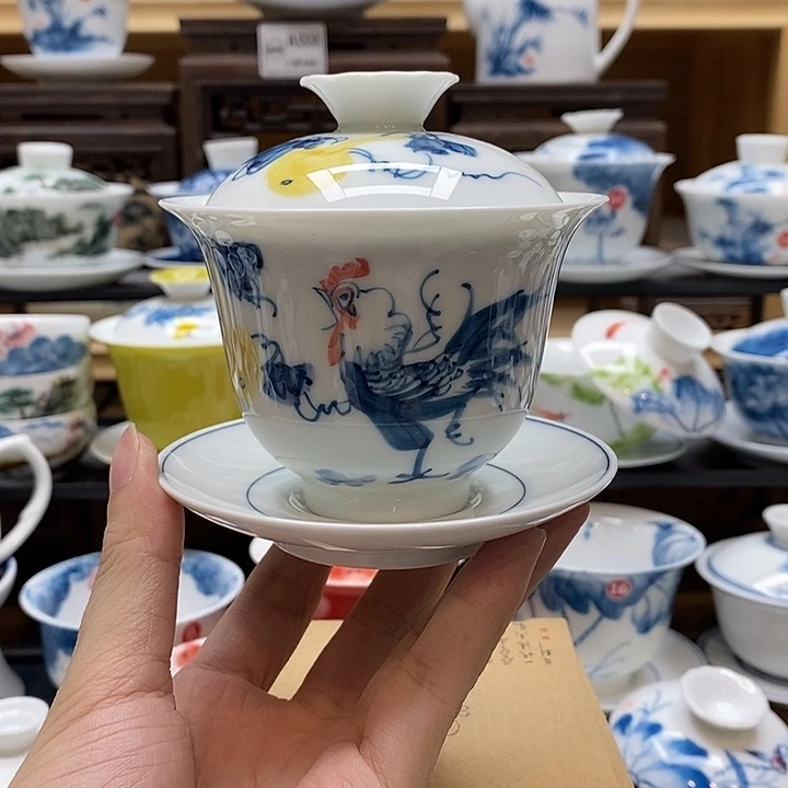 手绘公鸡160cc盖碗釉下彩微瑕福利款