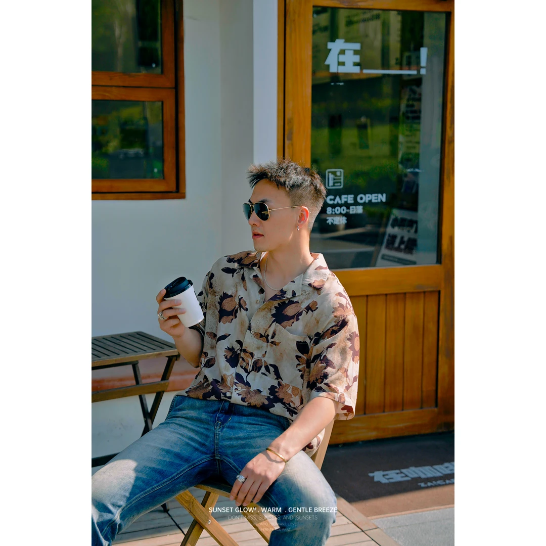 【花衬衫】枫叶棕男士衬衣休闲夏季薄款宽松个性古巴领花衬衫