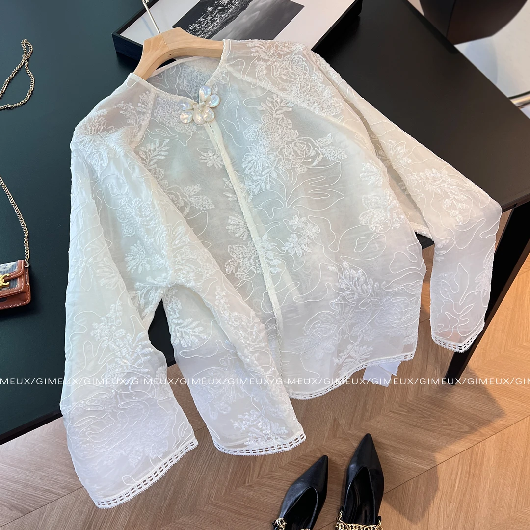 新中式重工长袖网纱衬衫女2025初秋国风刺绣宽松薄款开衫防晒外套