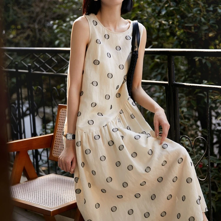 SS1397提花波点圆领无袖连衣裙女夏季新款百搭显瘦A字中长裙