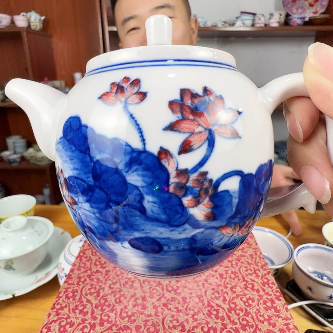 瓷片景德镇陶瓷红嘻嘻荷花壶