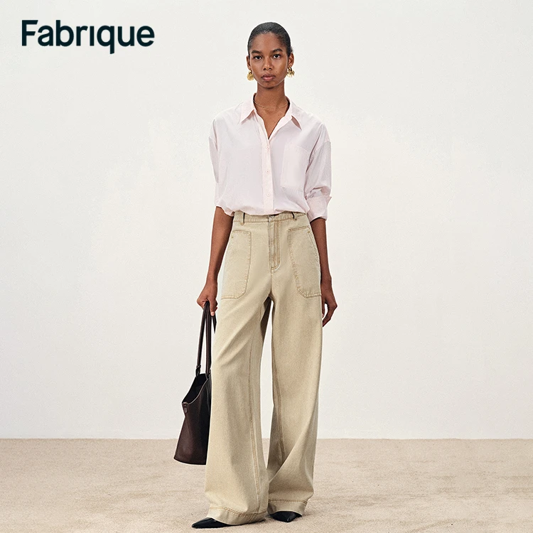 Fabrique Flania 秋冬新品做旧卡其色大口袋配腰带弯刀复古牛仔裤