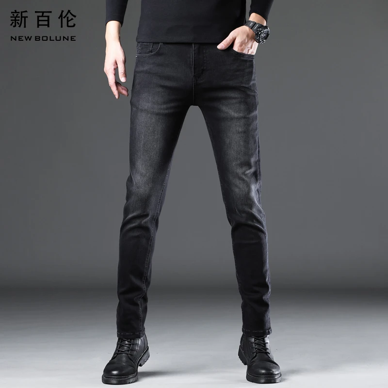新百伦黑色牛仔裤秋冬加绒2025新款百搭休闲修身直筒男款弹力长裤