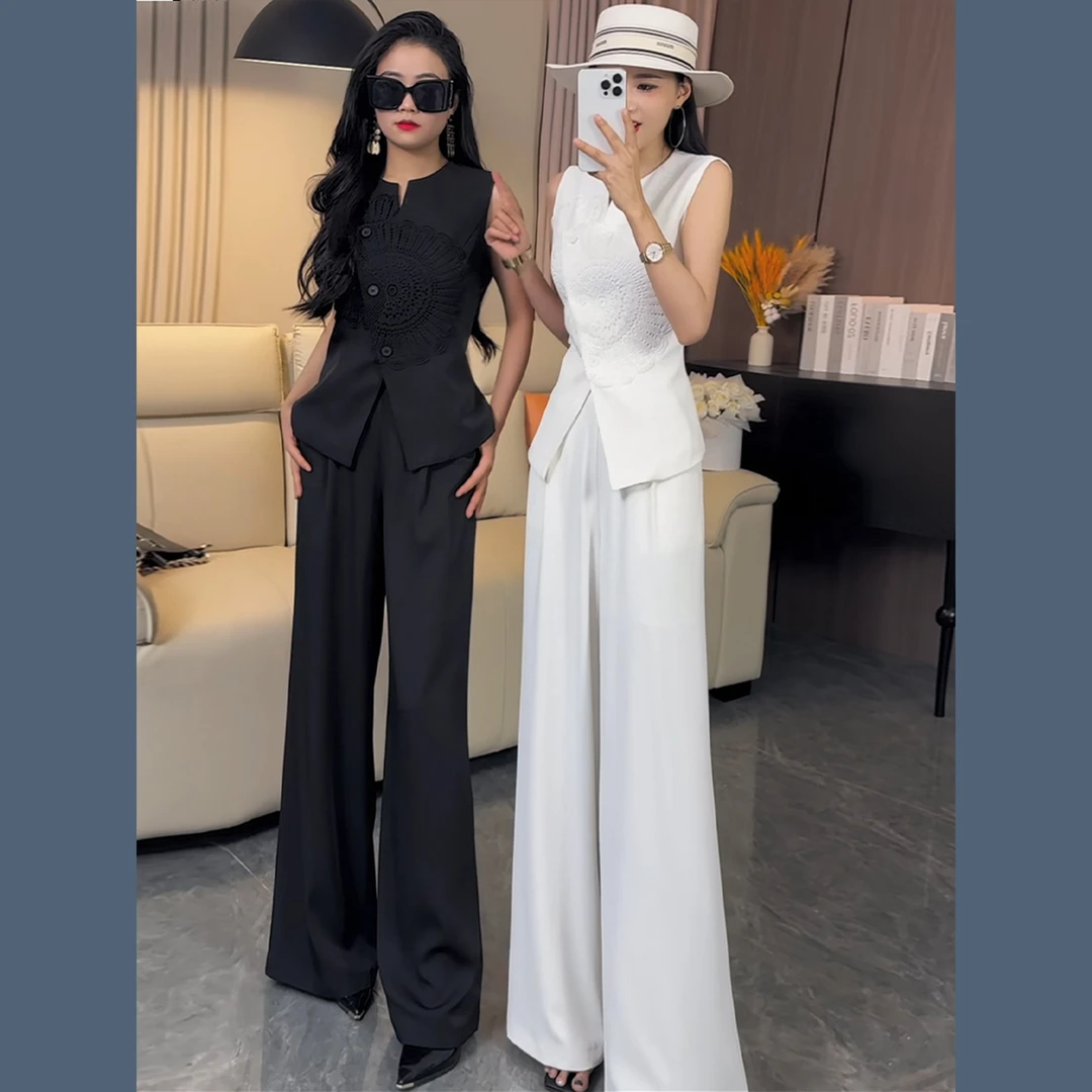 夏季新款套装时尚气质名媛高级感收腰显瘦短袖上衣阔腿裤两件套女