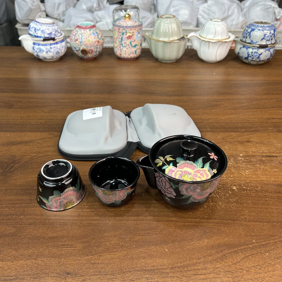 g467-黑釉牡丹旅行快客杯茶具