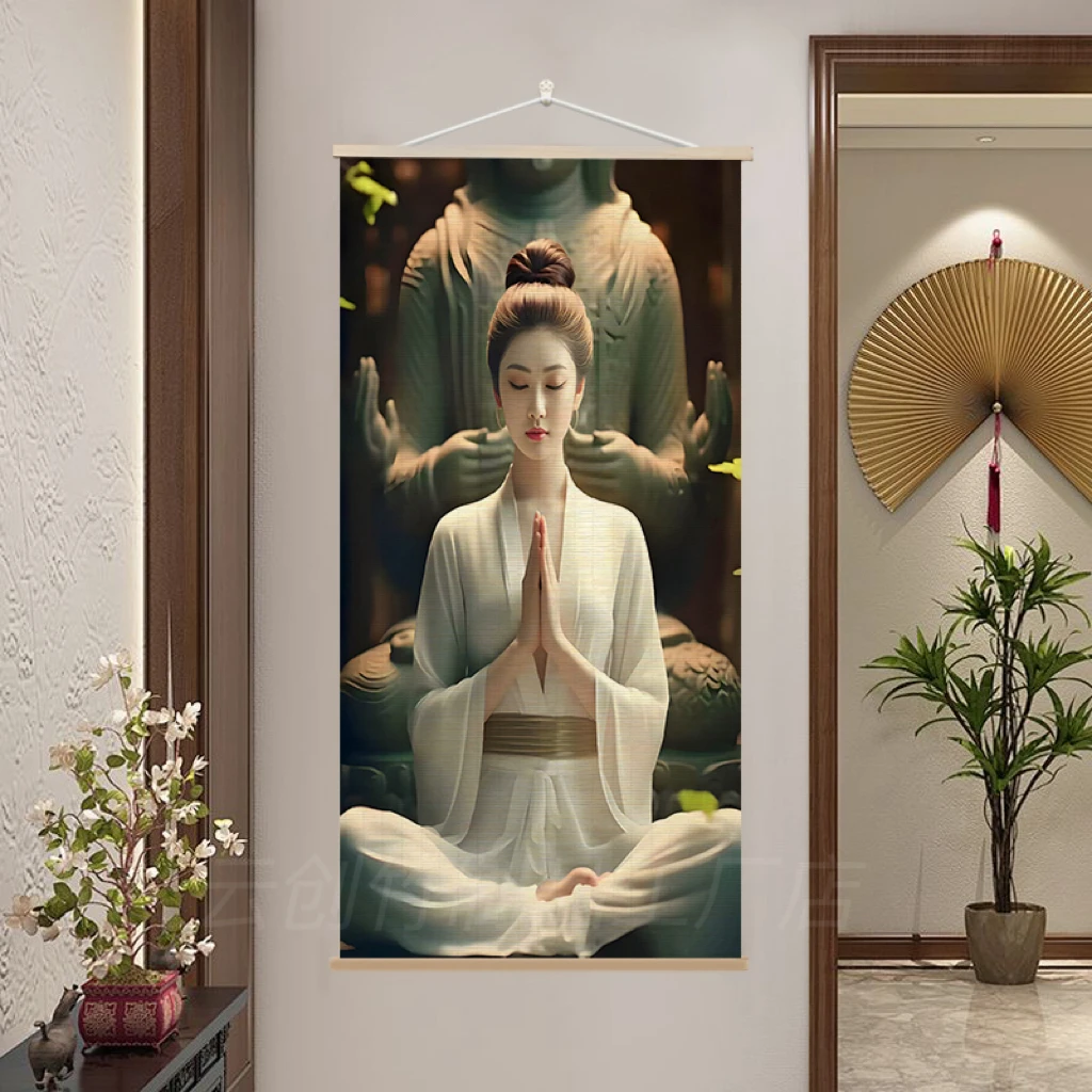 少女虔诚祈福图禅意国风竹帘挂画大气美观客厅书房茶室背景装饰画
