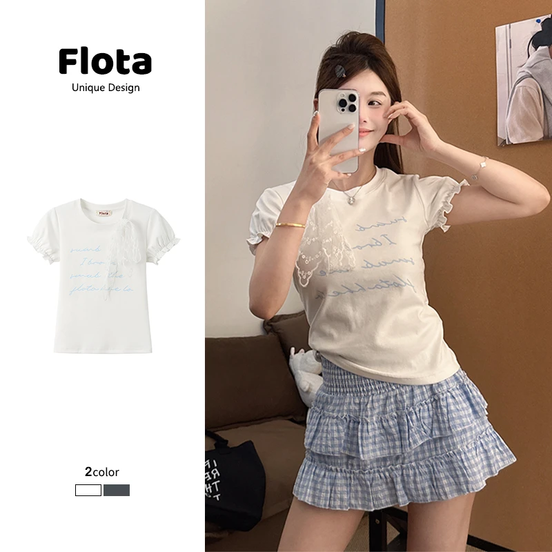 【flota】字母印花蕾丝绑带泡泡袖t恤夏季甜美修身显瘦短袖上衣1437