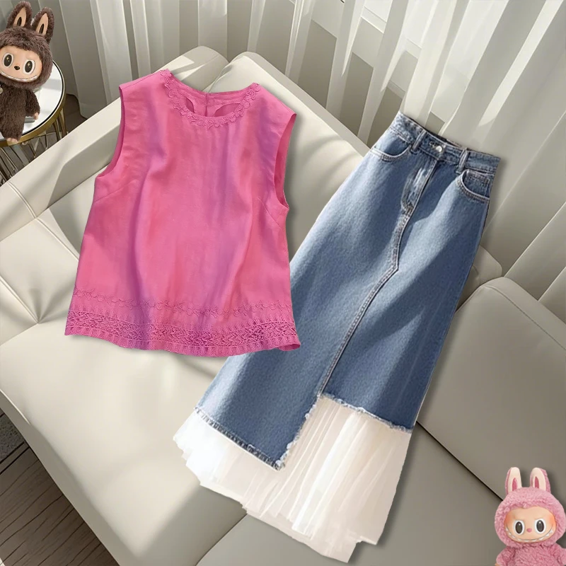 2025夏季新款流行时尚爆款超好看显瘦无袖上衣高腰小众拼接半身裙