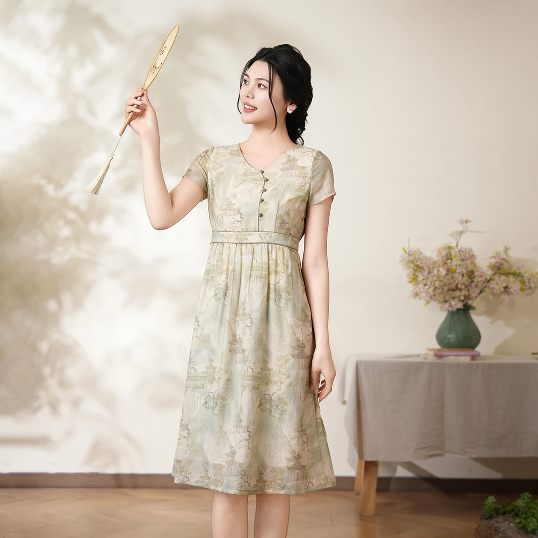 布符2025年夏季手工盘扣修身连衣裙女装短袖显瘦优雅MXDLY42