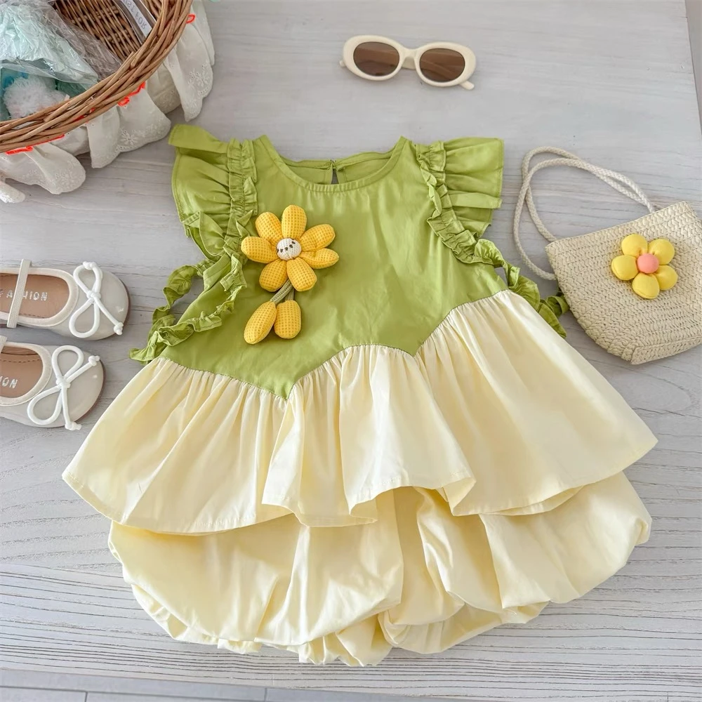 女孩夏季短袖套装卡通立体印花时尚女宝泡泡袖绿色太阳花套装