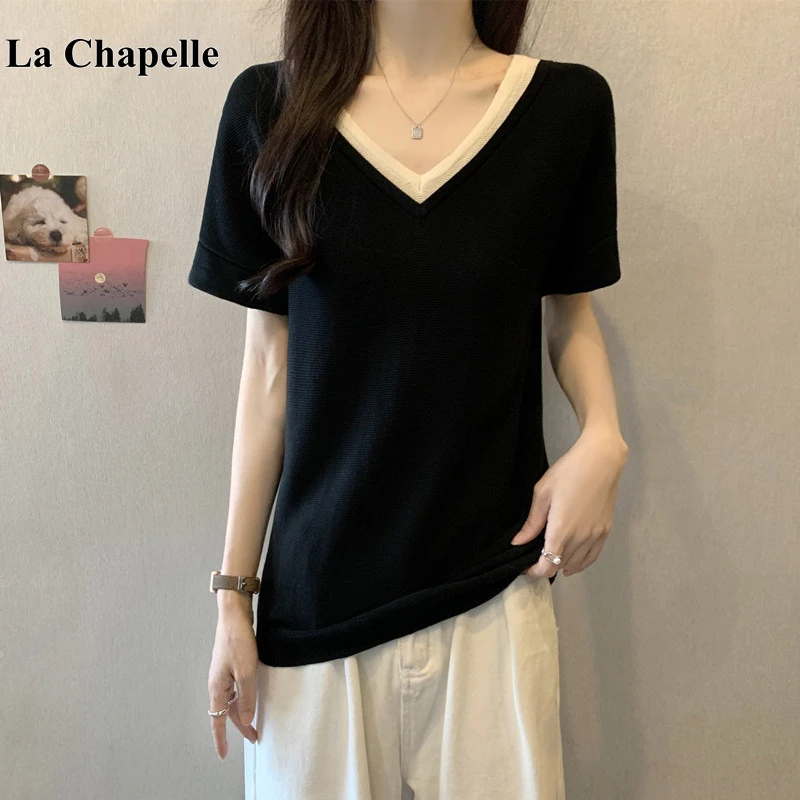 拉夏贝尔黑白条纹针织衫冰丝V领短袖T恤女夏新大码胖mm假两件上衣