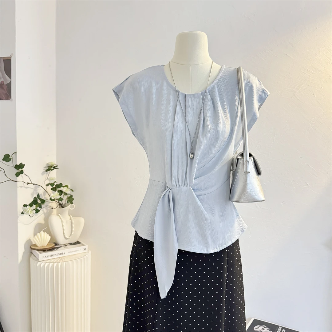 褶皱设计感收腰法式圆领短袖衬衫女2025夏季小众通勤气质小衫上衣