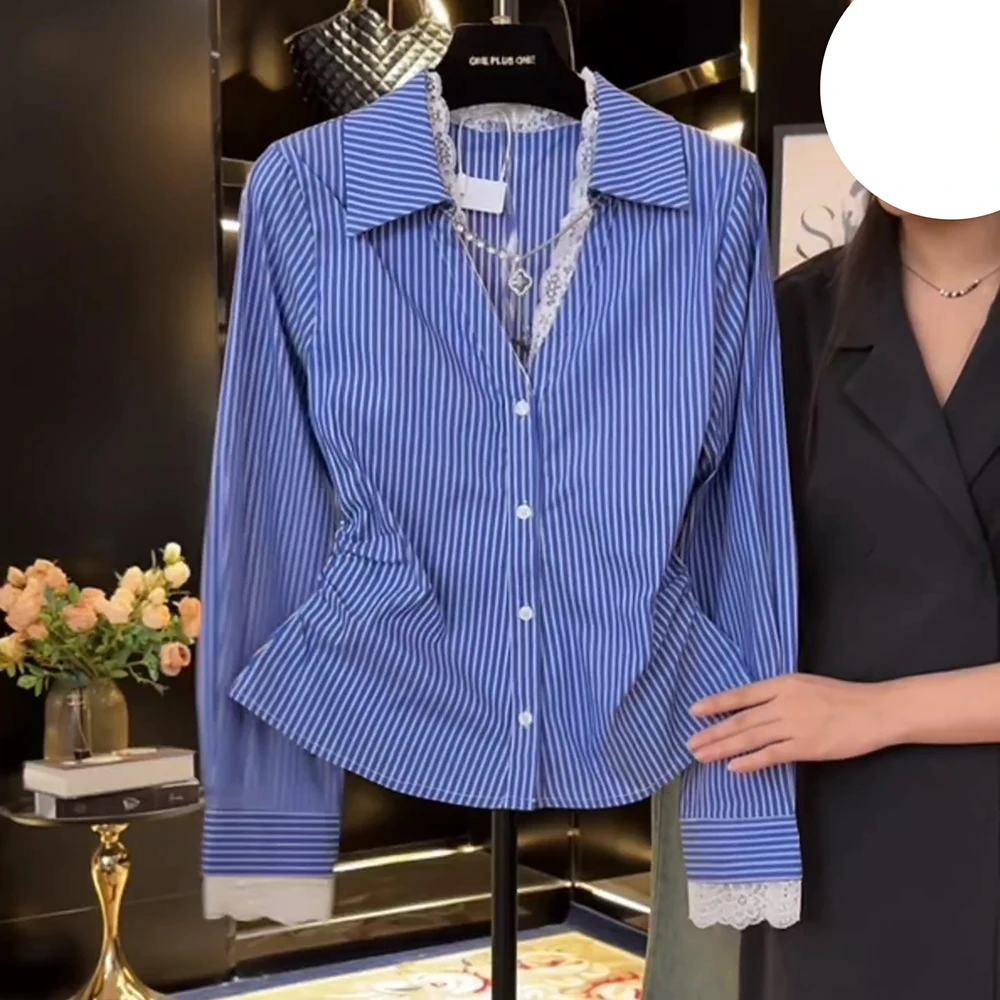 大码女装2025秋季新款胖MM衬衫蕾丝花边气质显瘦褶皱条纹长袖衬衣