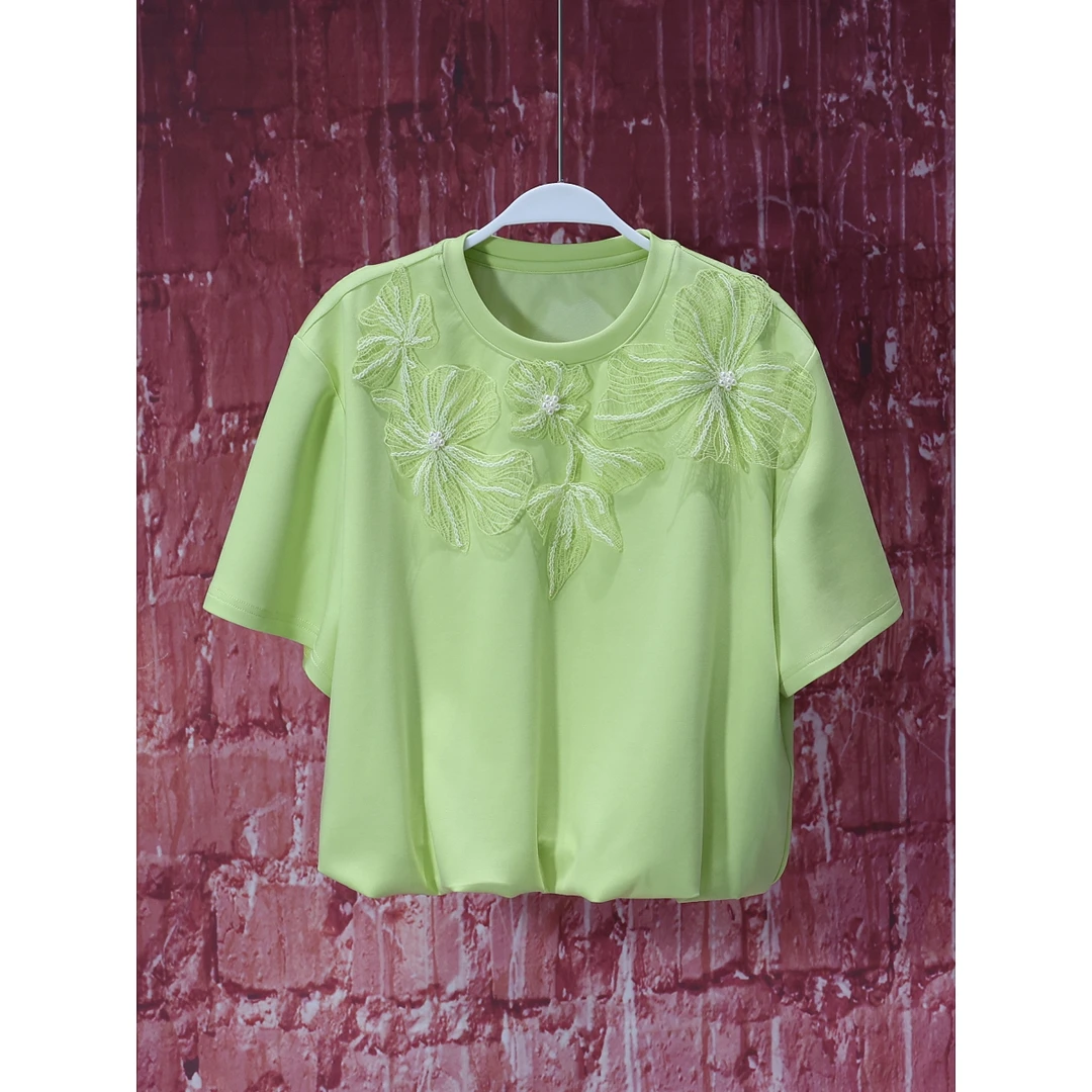 【韩哥女装】设计师高定面料欧货小众青柠绿立体盘花T恤7398A