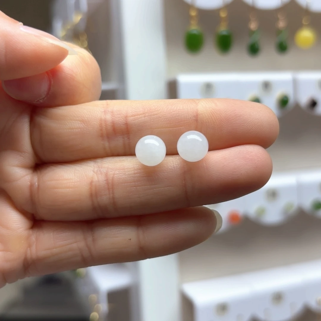 和田玉耳饰银S925镶嵌8mm