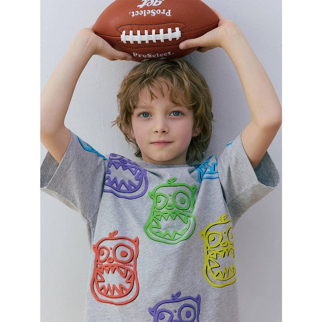 AB童装短袖T恤经典小怪兽涂鸦印花2025新款男童半袖时尚儿童T恤